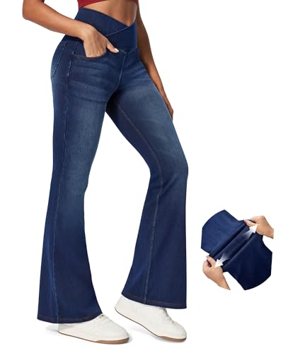 IUGA Stretchy Bell Bottom Jeans for Women, 29", Whiskers Dark Wash, L