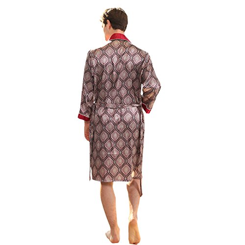 Men's Summer Luxurious Kimono Robe Soft Satin Bathrobe Long-Sleeve Nightgown Printed Pajamas Red, Small/Medium2