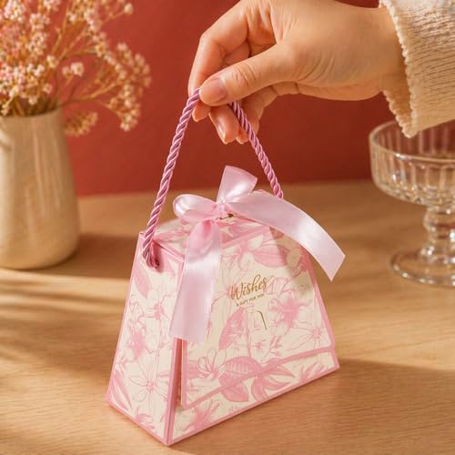 Image of SATYAM KRAFT 20 Pcs Decorative Gift Box with Handle & Ribbon Premium Floral Printed Packaging Small Paper Box for Gifting, Storage, Return Gift, Wedding, Birthday, Chocolate, Dry Fruit (Pink)