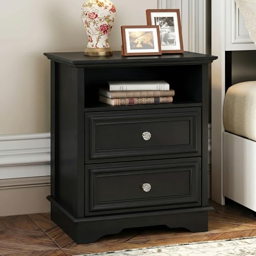 XIAO WEI Nightstand with Hidden Drawer, 2-Drawer Nightstand with Open Shelf – Sturdy Wood Bedroom End Table for Storage, Modern Furniture for Bedroom Organization, Black