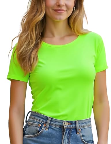 Women Scoop Neck T-Shirt, Tee Shirt Short Sleeve Slim Fitted, Petite Crop Top Tshirt Stretchy