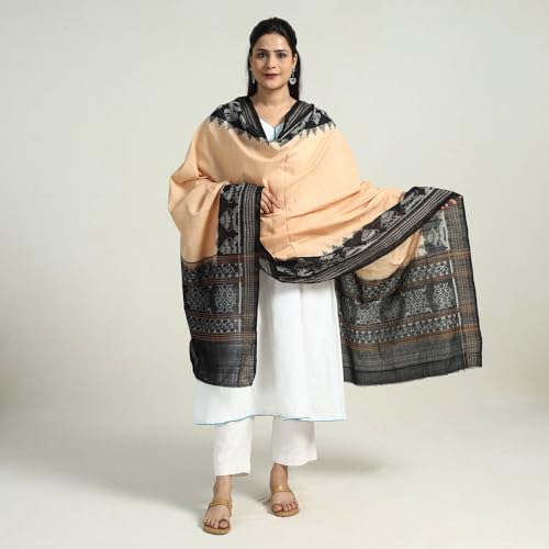 Image of Cotton Dupatta with weaving and Ikat woven border from the Weavers Stole for Girls & Women