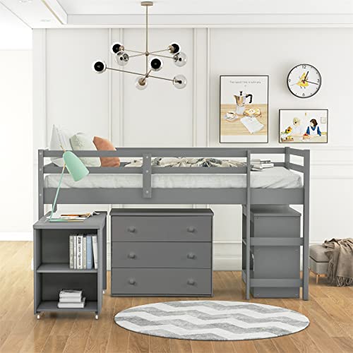 Low Loft Bed Wood Loft Bed Frame With Storage Cabinet And Rolling Portable Desk For Kids And Teen, Boys, Girls, Twin,Gray #TOP2