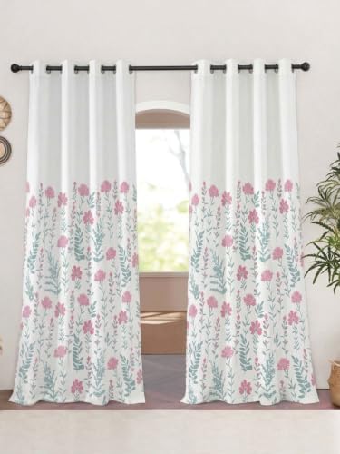 Image of Tranquebar Curtain Co. Window Curtain - Room Darkening, 152 cm (5 Feet), Pink Floral Print, Set of 2, 100% Cotton Fabric, Eyelet, Design Mazzo- Window Curtains 5 Feet Long,Eyelets