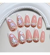 24Pcs White French Tip Press on Nails Medium Square Nails Butterfly Fake Nails with Rhinestones F...