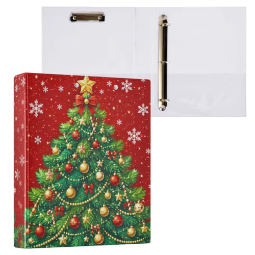 Image of Christmas Tree Snowflakes Red 3 Ring Binder with 2 Interior Pockets 1.5 inch Binders 3 Ring Heavy Duty Fit 8.5 inch x 11 inch Letter Size for Office School, 2 Pack