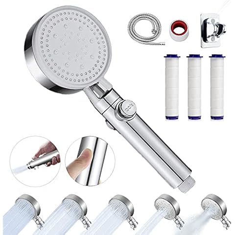 Shower Head and Hose Set for Bath Taps ,5 Spray Modes High Pressure Shower Heads with 1.5M Hose and Holder,Handheld Showe r Heads to Increase Pressure, Switch /360° Degrees Rotating (Silver) Cover