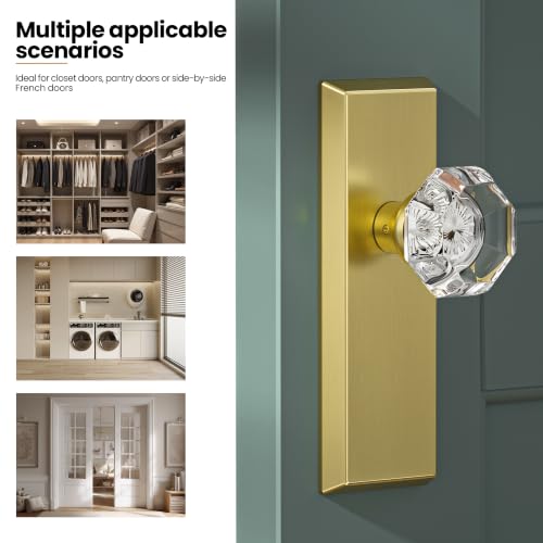 Image of Antique Crystal Dummy Door Knobs Interior, 2 Pack, Brushed Gold | Zinc Alloy & Crystal Glass Knob, Non-Turning Single Side Vintage Classic Door Knob for Bifold Hallway Interior Doors