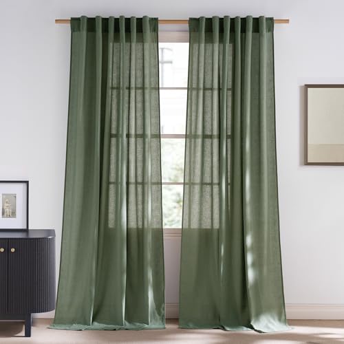 NICETOWN Linen Forest Green Curtains 84 inch Length 2 Panels, Rod Pocket & Back Tab Privacy Added Thick Flax Linen Burlap Light Filtering Window Drapes for Bedroom/Living Room, W55 x L84 55"