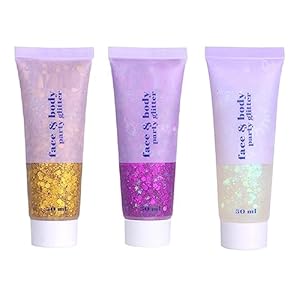 3 Colors Face Body Glitter Gel, Sequins Shimmer Liquid Eyeshadow, Chunky Glitter for Face Hair Nails, Holographic Cosmetic Laser Powder,Rave Festival Glitter Makeup.(02#Golden+04#Fuchsia+06White)