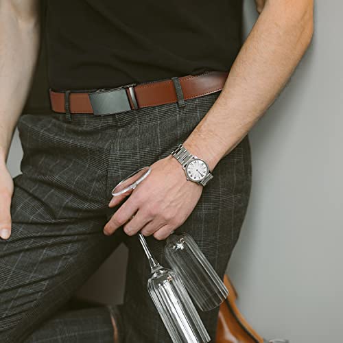 Image of 2 Pack Ratchet Belt 1 3 /8 inch, Mens leather Dress Belt in Gift Set Size 28 inch-62 inch Adjustable waist Trim to Fit