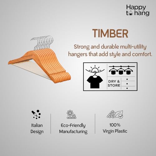 Image of Happy To Hang Timber Wooden Hangers | Premium Wooden Hanger Set with Non-Slip Bar & 360 Swivel Chrome Hook | Heavy-Duty Cloth Hangers for Shirts, Suits, Sarees & Wardrobe Storage | Pack of 16