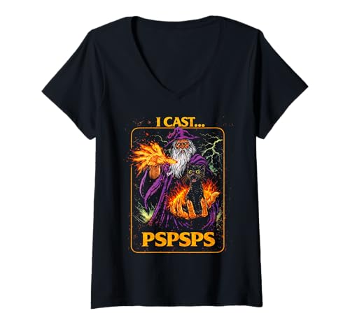 Women's I Cast Pspsps Funny Wizard Cat Fantasy Meme Cat Lover V-Neck T-Shirt