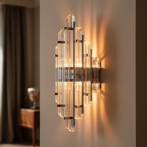 bamyum Champion Wandleuchte Chromfarbe 25 x 45 cm, Innen Kristall, Wohnzimmer Wandlampe Glas Vintage, Schlafzimmer Groß