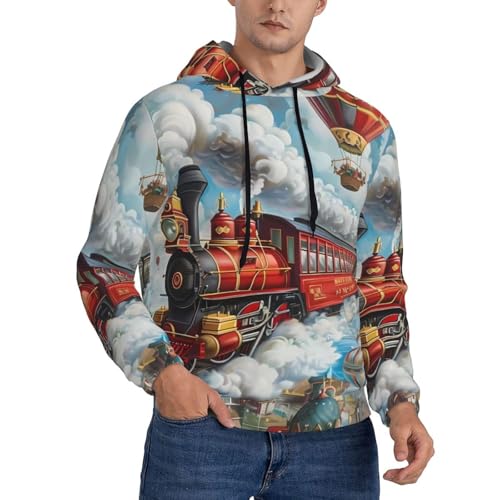 Red Train Hot Air Balloon Hoodies for Men, Fashion Graphic Hoodies Pullover Hooded Sweatshirt for Men