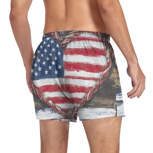 Usa Flag Heart Wooden Men's Cotton Boxer Shorts Pajama Bottoms with Button Fly Underwear Sleep Shorts4