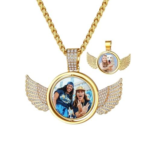 Custom4U Picture Necklace Personalized Photo for Men Women Steel/18K Gold Plated/Black Custom Angel Wings/Heart Pendant Necklace with Picture Memory Circle Chain 18-30 Inch,Hip Hop Jewelry+G