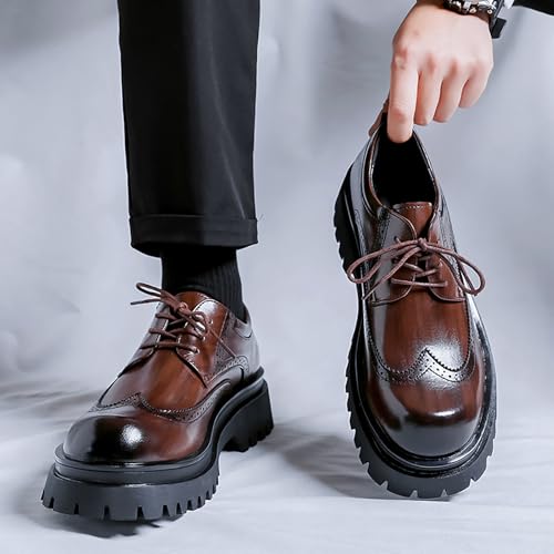 Men's Leather Wingtip Platform Oxfords - Vintage Round Toe Lace-Up Derby Shoes for Business Office & Work - Classic Formal Design3