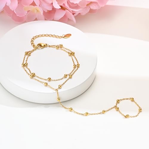 MPRAINBOW Gold Bracelets Jewelry for Women - 18K Gold Plated Hand Chain Ring Bracelet,Adjustable Dainty Chains Stainless Steel Non Tarnish Summer Trendy Gift,Christmas Birthday for Her Girlfriend 6
