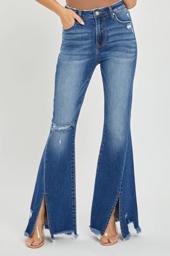 SALT TREE Risen Jeans - High Rise Front Slit with Fray Hem Flare Jeans - RDP55443