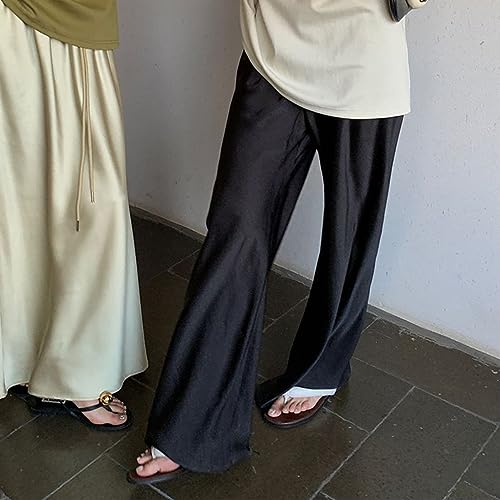 Women Satin Wide Leg Dress Pants Silk Casual Dressy Long Flowy Pants Elastic High Waisted Trousers4