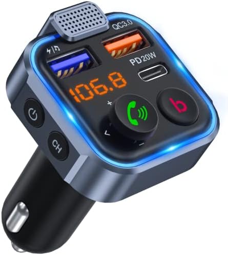 LENCENT FM Transmitter in-Car Adapter,Type-C PD 20W+ QC3.0 Fast USB Charger, Wireless Bluetooth 5.0 Radio Car Kit,Hands Free Calling, Mp3 Player Receiver Hi Fi Bass Support U Disk