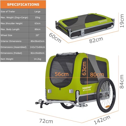 DOGGYHUT® Premium Large Hundefahrradanhänger bis 35 kg Hundeanhänger Fahrradanhänger für Hunde mittelgroße und große Hunde 80102 (GRÜN)