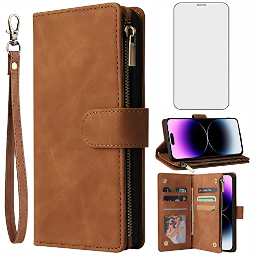 Étui portefeuille iPhone 14 Pro Max Asuwish en verre trempé marron