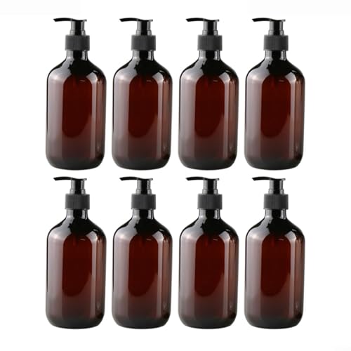 Juego de 8 botellas dispensadoras de plástico PET ámbar de 500 ml, rellenables, para baño, cocina, champú, acondicionador, loción corporal, gel de ducha, jabón líquido, hogar, salón, hotel