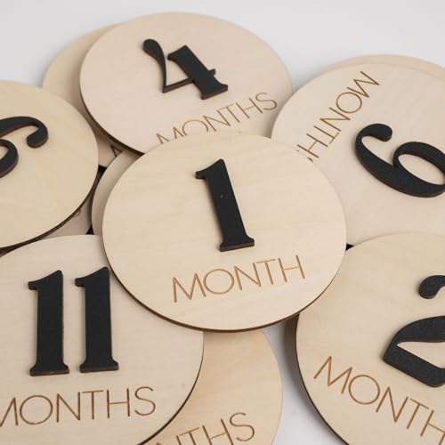 Image of Baby Monthly Milestone, Wooden Baby Milestone Signs, Monthly Milestone Wood Discs, Baby Milestone Discs (3D Black)