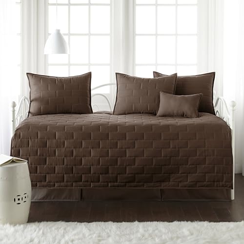 Image of Southshore Fine Living, Inc. Twin Daybed Comforter Set, 6-Piece Twin Bedding Set with Daybed Cover, 3 Pillow Shams, Bed Skirt, Throw Pillow - Day Bed Quilt Set, Brickyard Brown