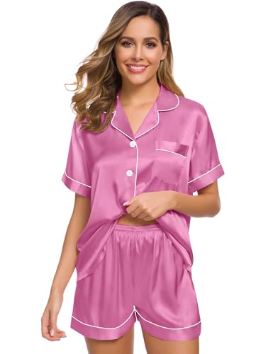 Image of SWOMOG Womens Silk Satin Pajamas Set Short Sleeve Sleepwear Button Down Top and Shorts Loungewear 2 Piece Pjs Set XS-3XL Mauve Pink XXX-Large