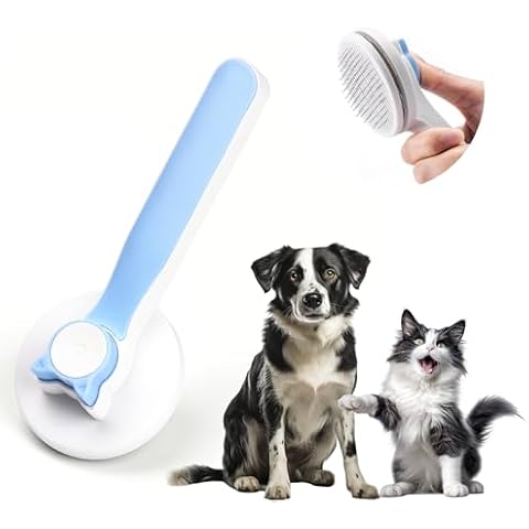 PETSPLICITY Self-Cleaning Cat and Dog Grooming Brush - Fur Removal, Gentle on Skin. Ergonomic Design with Stainless Steel Bristles. Suitable for All Coat Types - Durable, Long-Lasting Pet Brush (Blue) Cover