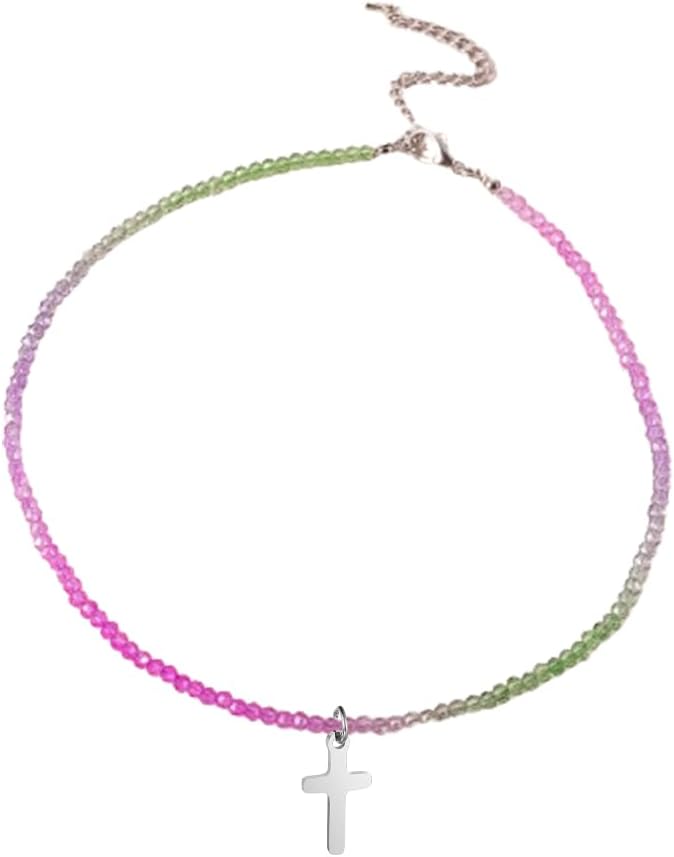 Colorful beaded choker necklace with cross pendant for summer