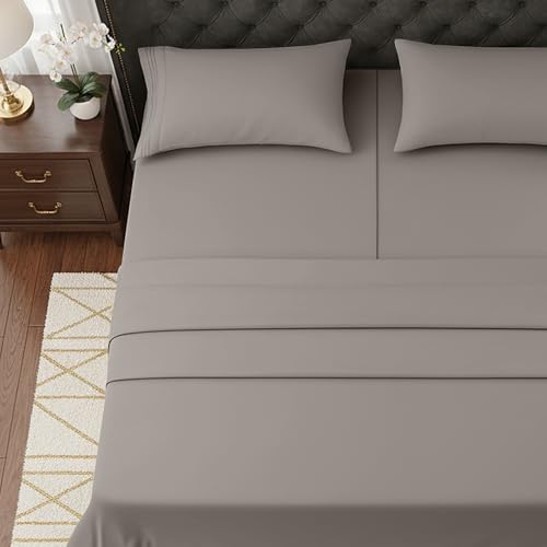 Image of Elegant Comfort Luxurious 1500 Premium Hotel Quality Microfiber Three Line Embroidered Softest 5-Piece Bed Sheet Set, Wrinkle and Fade Resistant, Split King, Gray