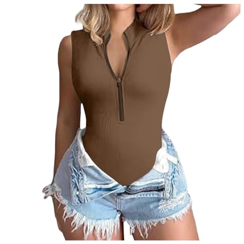 Body Sexy acanalado elástico sin mangas con cremallera en la parte delantera para mujer Mono corto, café, M