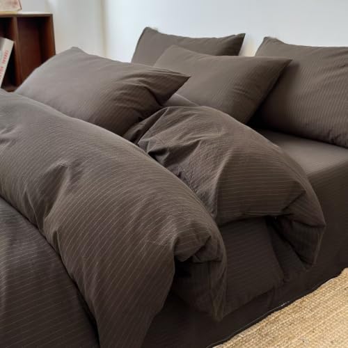 Image of PinkMemory Brown Striped Duvet Cover King White Pinstripe Duvet Cover Bedding Set 100% Washed Cotton Stripes Patterned 3pcs Retro Striped Bedding with Zipper Closure Corner Ties,Soft Breathable