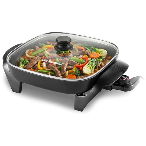Image of Elite Gourmet 12"x12"x2.15” Ceralast™ PFAS Free Ceramic Electric Skillet, Dishwasher Safe, Rapid Heat Up, 1200W, Dark Grey