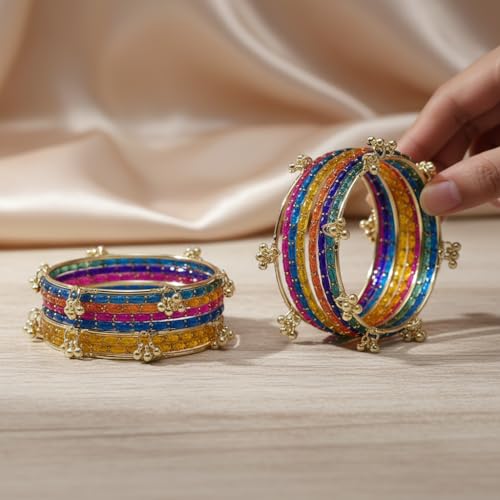 Image of NEW SURYA ENTRPRISES Kashmiri Ghangharoo Glass Bangle Set for Women|Light Weight Bangles|Traditional Transparent Fancy Glass Chudi Set Of 16(12 Glass + 4 ghungroo bangles)