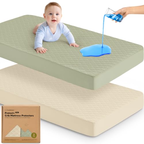 Image of 2-Pack Waterproof Crib Mattress Protector Cover Fitted - Quiet Baby Crib Mattress Pad Sheets, 52 inch x 28 inch Soft Quilted Cotton Baby Sheet, Machine Washable, Easy Fit, Durable (Avocado /Mavy)