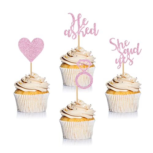 Donoter 24 Pieces Pink Glitter Engagement Cupcake Toppers He Asked She Said Yes Diamond Ring Heart Cupcake Picks For Wedding Bridal Shower Party Cake Decorations #TOP23