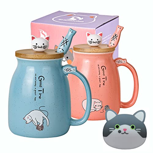 SHENDONG 2 Pack Cat Mugs Cute Ceramic Coffee Cups Set of 2 with Kawaii Bamboo Lid and Spoon Novelty Morning Cup Coffee Milk Tea Mugs