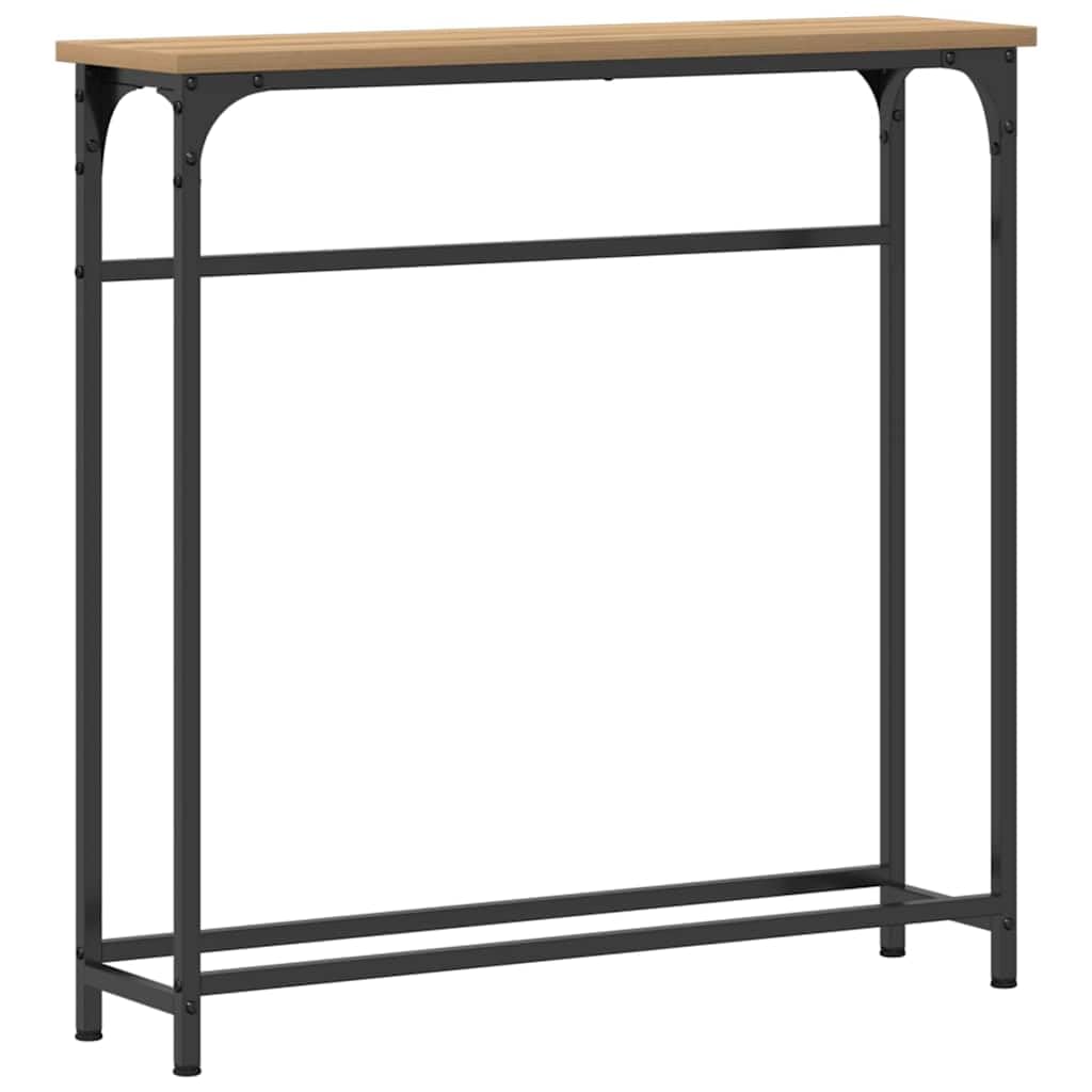 Stolik konsolowy z dębu Artisan, 75 x 19,5 x 75 cm, wąski stolik pomocniczy z czarną ramą stalową, trwały materiał drewnopochodny do salonu, przedpokoju lub sypialni