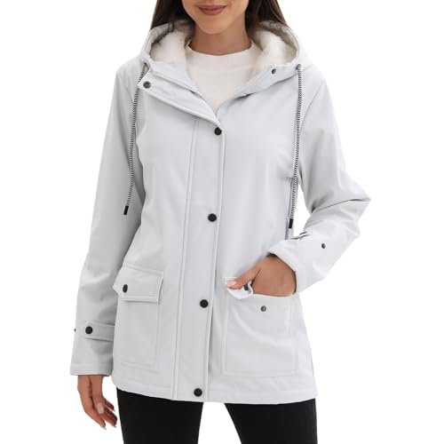 chiguomaoyi Mujeres Chaquetas impermeables al aire libre Softshell Chaqueta con capucha Windbreak Impermeable para el otoño invierno (Blanco,M)