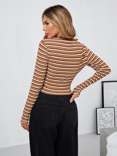 Milumia Women's Retro Fitted Long Sleeve Striped T Shirt Colorful Ribbed Crew Neck Fall Crop Top2