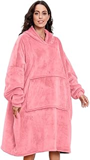 Voqeen Blanket Sweatshirt Men Women Big Front Pocket Hoodie Blanket Oversized Wearable Blanket Reversible Flannel Robe Ultra Soft Adults Pullover (Pink)