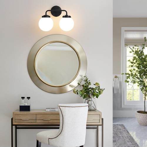Image of Bathroom Light Fixtures 14in 2-Light Matte Black Vanity Lights for Mirror | Bathroom Lighting Fixtures over Mirror, ETL, Brushed Brass Wall Sconce, Dimmable E12 Base Max 60W, Milky Glass Ball Shades