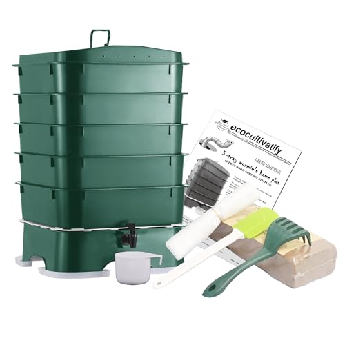 5-Tray Worm Compost Bin, Worm Composter for Outdoor & Indoor, 5-Tray ecocultivatify Wormie's Home Plus, Worm Bin Set for Recycling Household Waste (Dark Green)