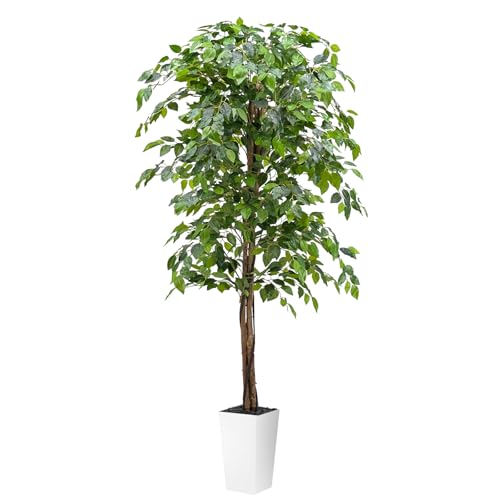 180cm Triple Trunk Artificial Ficus Tree with Natural Wood Trunks Fake Tree for Indoor Home Décor Faux Ficus Tree with White Tall Planter Office Decor