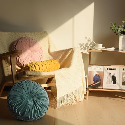 Image of HIG Set of 2 Aqua Ruched Velvet Round Throw Pillows - 14.5'' Decorative Pillows with Soft Polyester Filling for Couch, Bed, Living Room, Bedroom, or Dorm - Handmade, Stress Relieving, All-Season